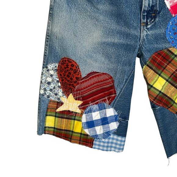 Reworked OOAK Jorts Denim Patchwork‎ Shorts Y2k Streetwear Maximalist Mens 34X13 - Picture 3 of 13